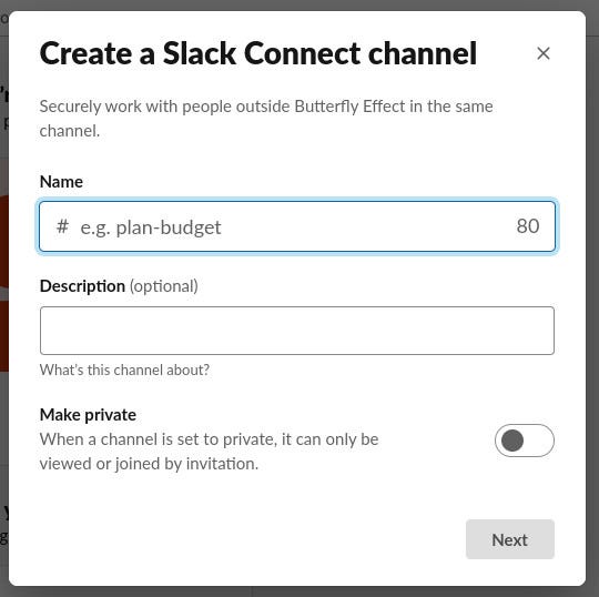 The Slack Connect Create Channel window.