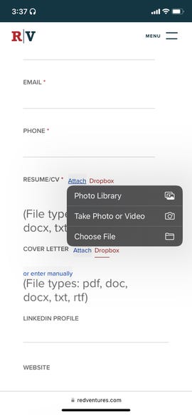 Screenshot of a job application on iPhone