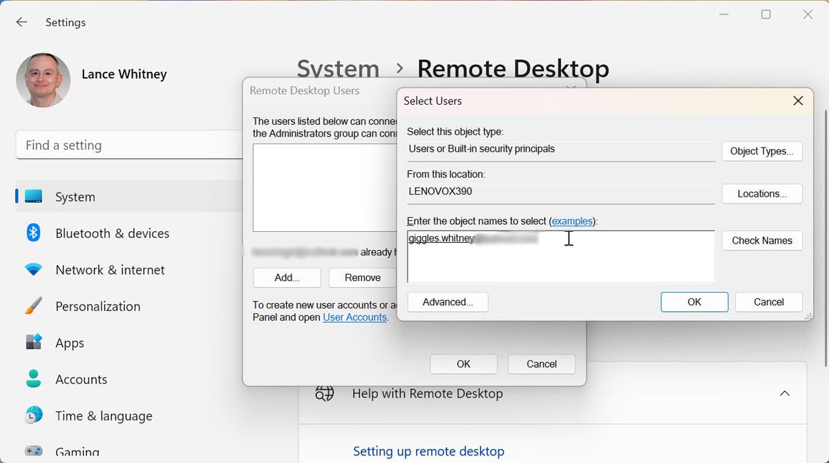 Adding another user in Remote Desktop section
