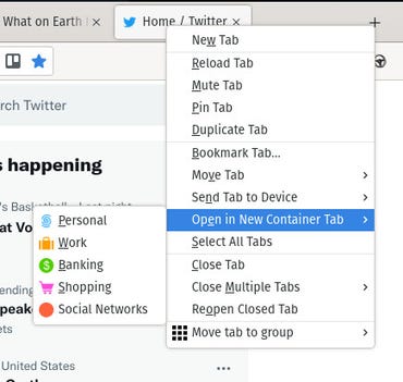 L’entrée de menu Ouvrir dans un nouvel onglet du conteneur dans Firefox