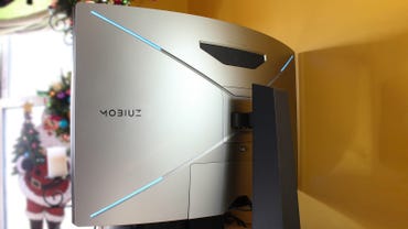 The back of BenQ's Mobiuz gaming monitor with its lights on