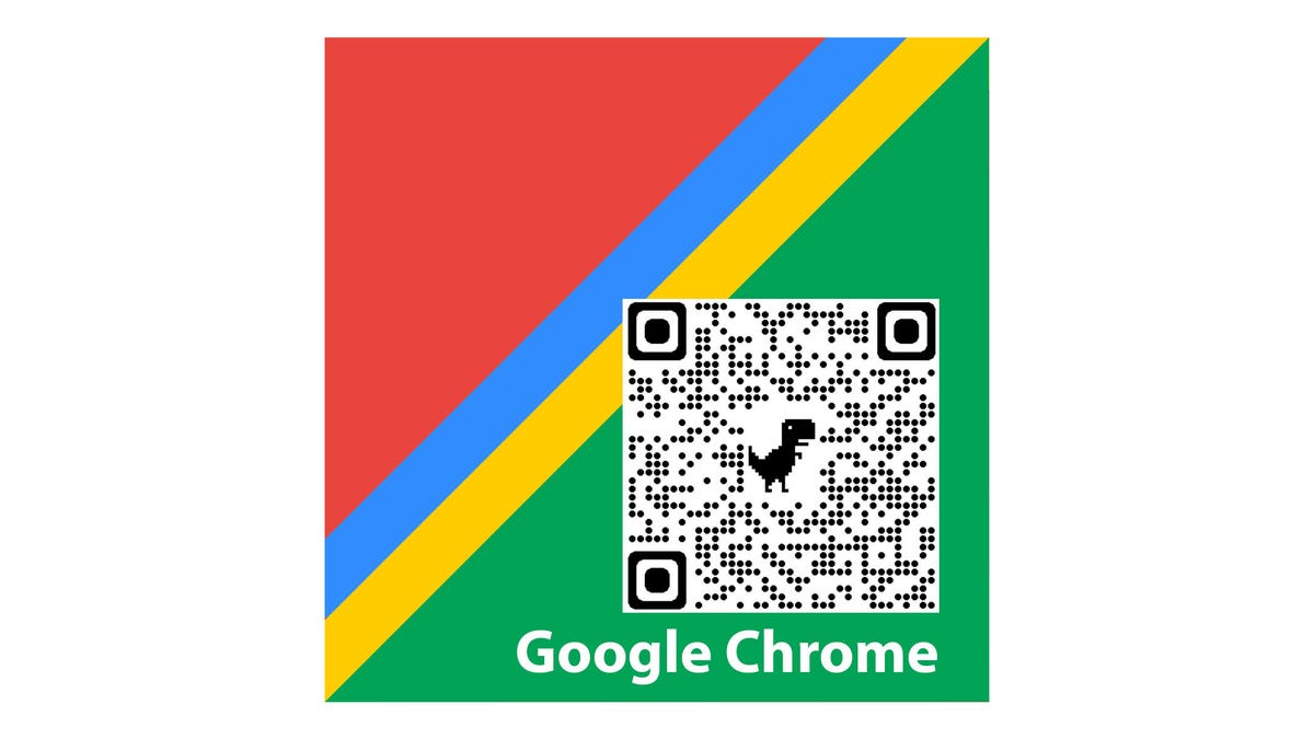 QR Code avec un T rex au milieu, au-dessus des mots Google Chrome