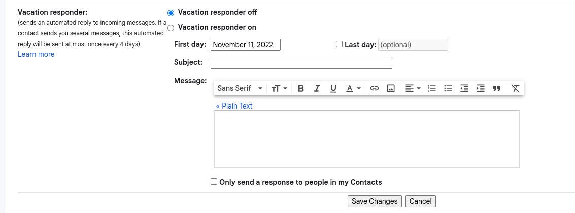The Gmail Vacation responder options.