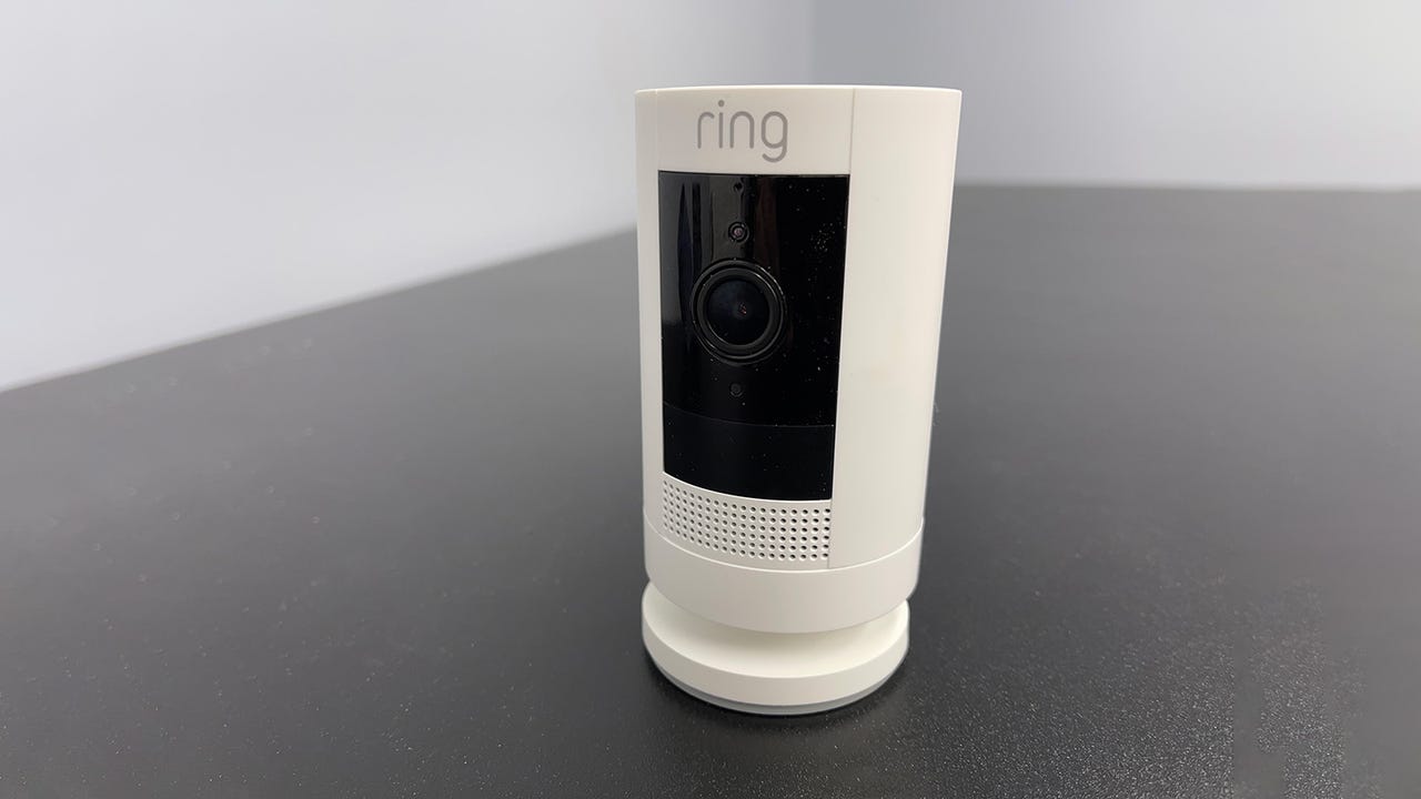 The Amazon Ring Stick Up Battery Cam in white.