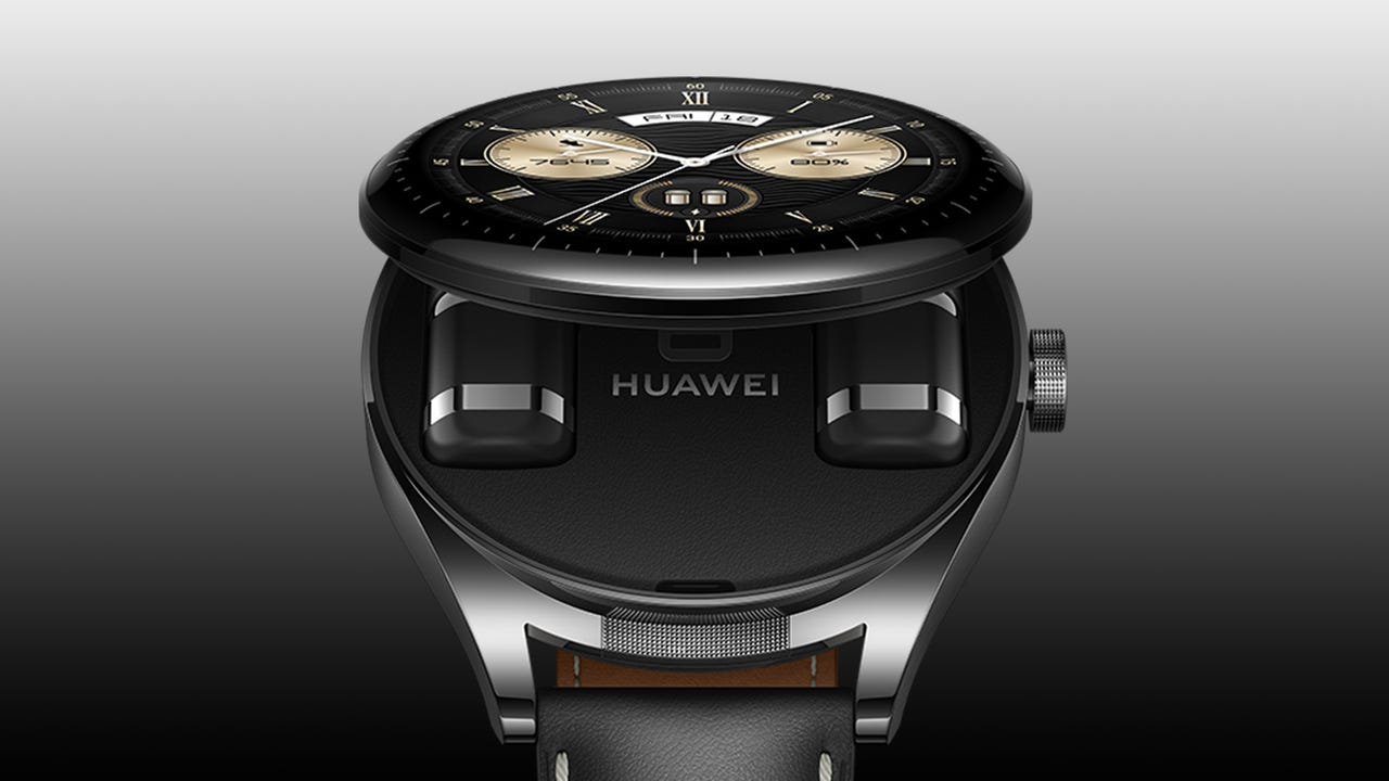 Huawei Watch Buds in black and white gradient background.