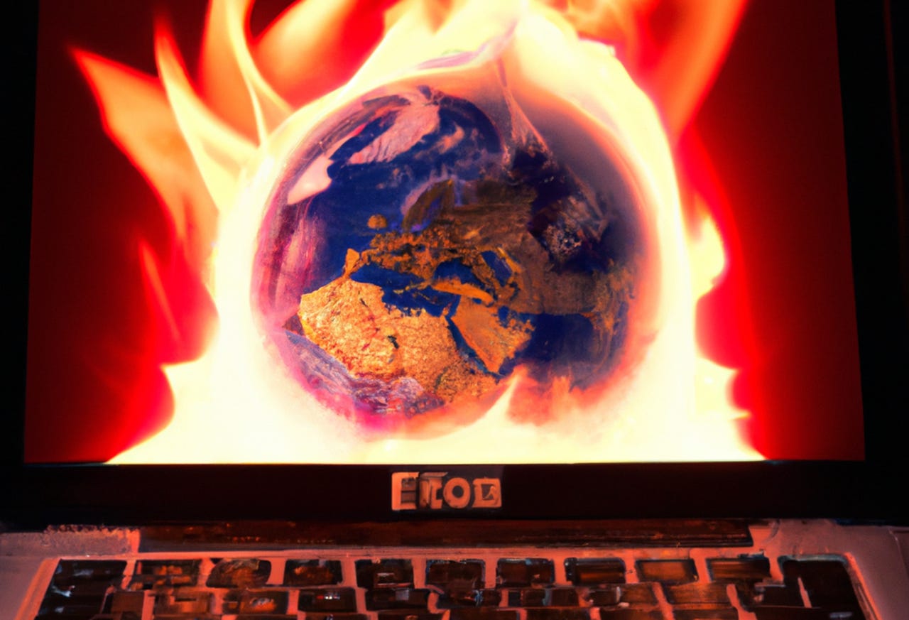 MacBook with Earth on fire on screen