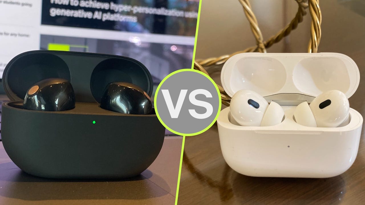 A comparison photo between the Sony WF-1000XM5 earbuds and the Apple AirPods Pro 2