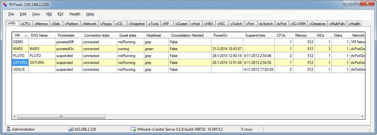 RVTools utility showing a vCenter report.