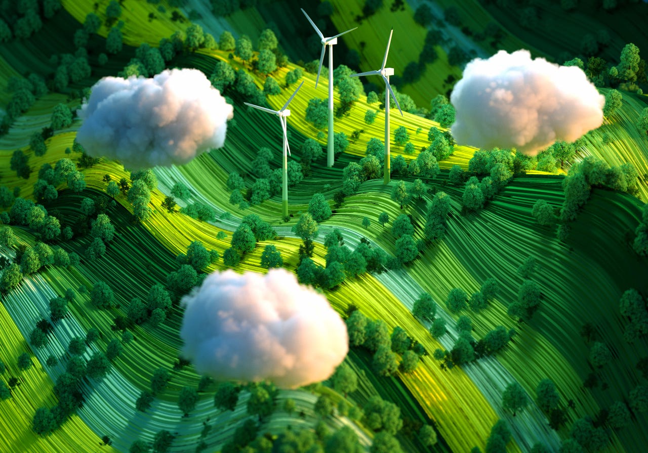 Digital generated image of top view of white and green landscape with wind turbines on it through puffy clouds.