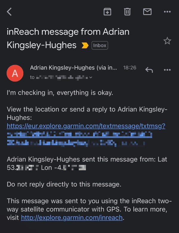 Example of the message the InReach Messenger sends