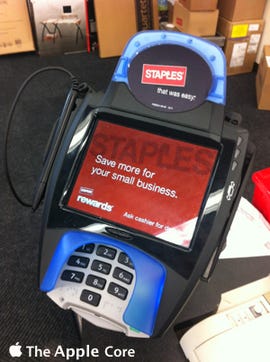 Don't try waving your iPhone 5 in front of an NFC reader like this one at Staple. It won't work. Jason O'Grady