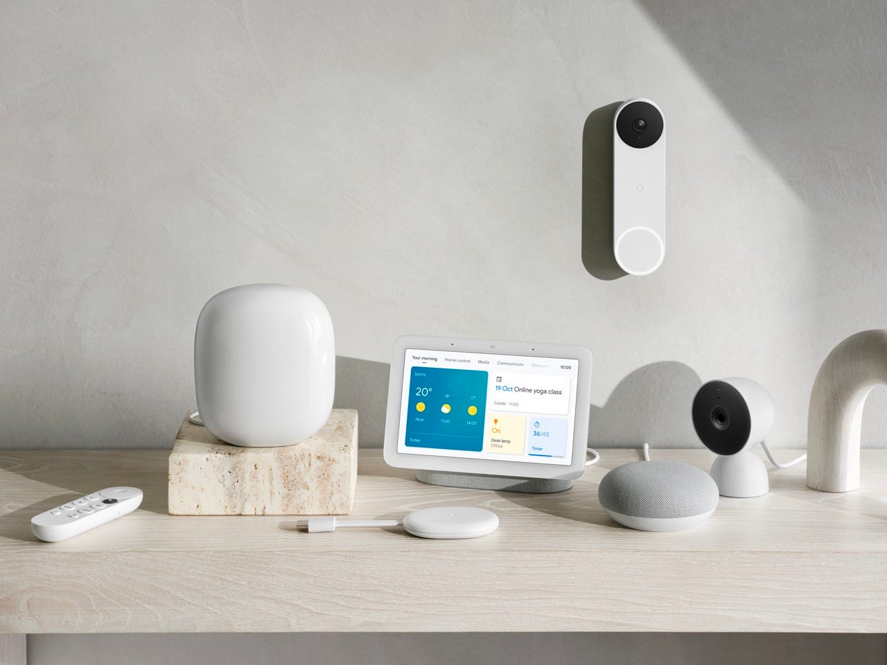 Google devices on a table and on the wall.