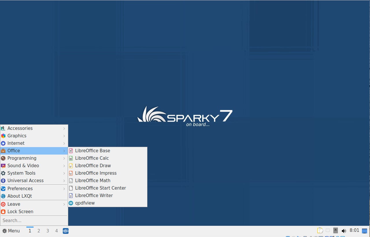 The Sparky Linux desktop with the main menu open.