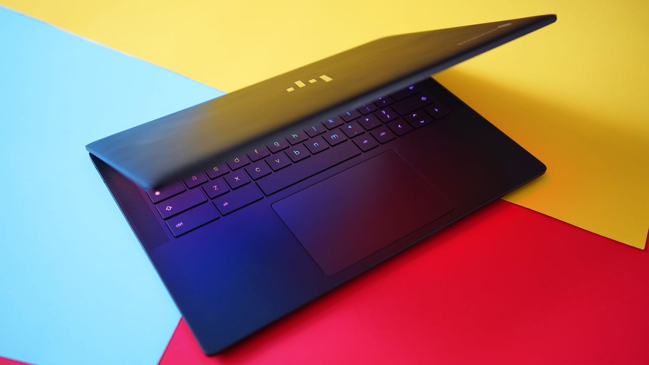The HP Dragonfly Pro Chromebook on a colored background.