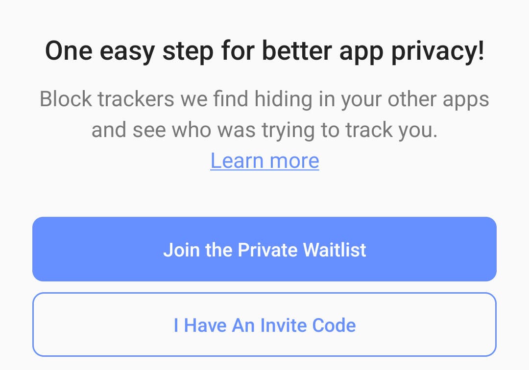The App Tracking Protection Waitlist request page screenshot
