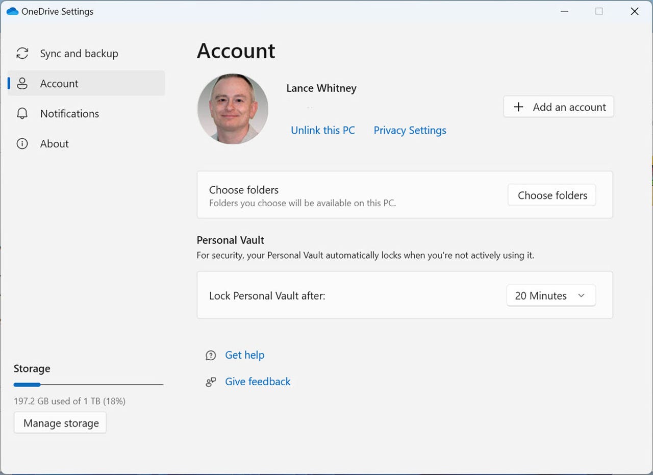Reviewing and modifying the Account settings for OneDrive