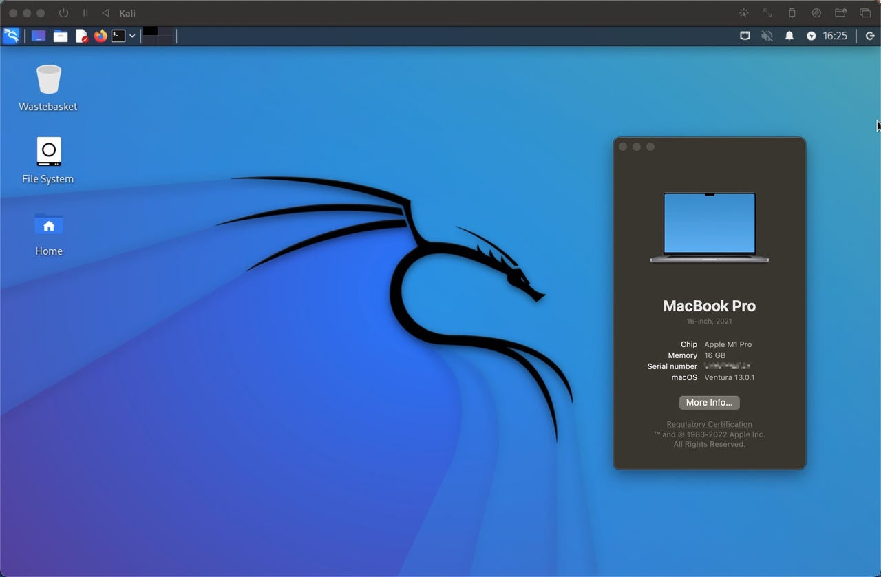 Kali Linux running on an Apple Silicon M1 MacBook Pro and macOS Ventura