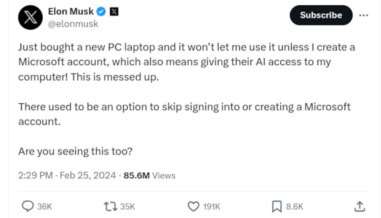 Musk having Windows 11 setup trouble.