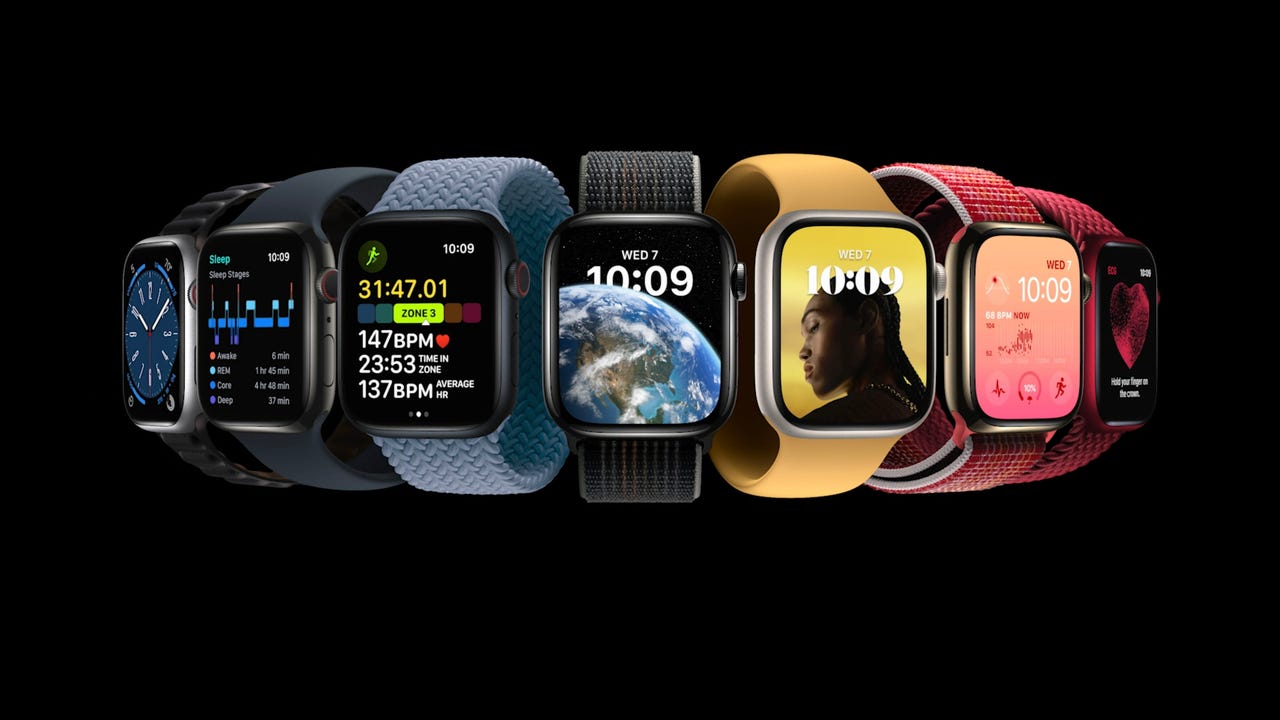 Several Apple Watch Series 8 units with different faces
