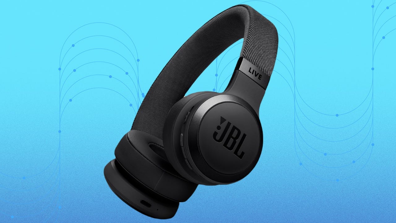The JBL Live 670NC headphones in black against a blue background