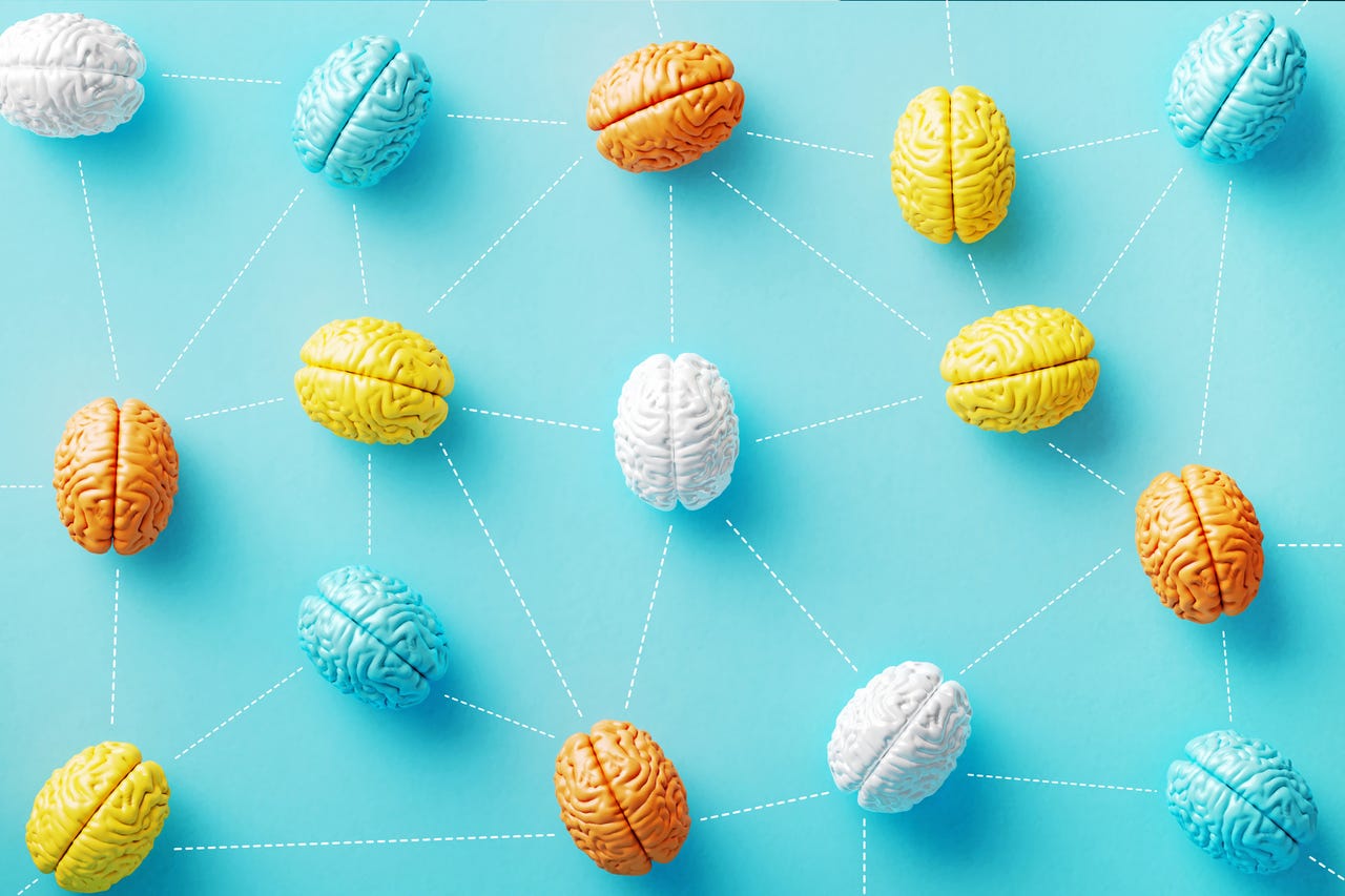 Colorful Brain Objects Connected By Dotted Lines On Blue Background