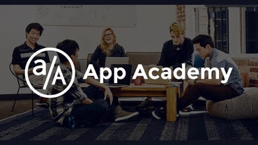 App academy logo over an image of students sitting in a circle with their laptops in front of them