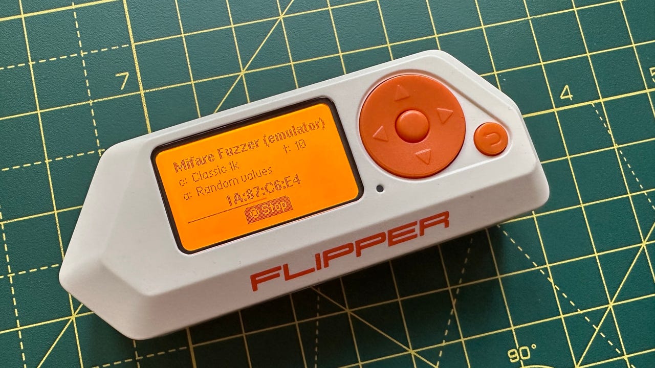 Flipper Zero running the MiFare Fuzzer app from the new app store.