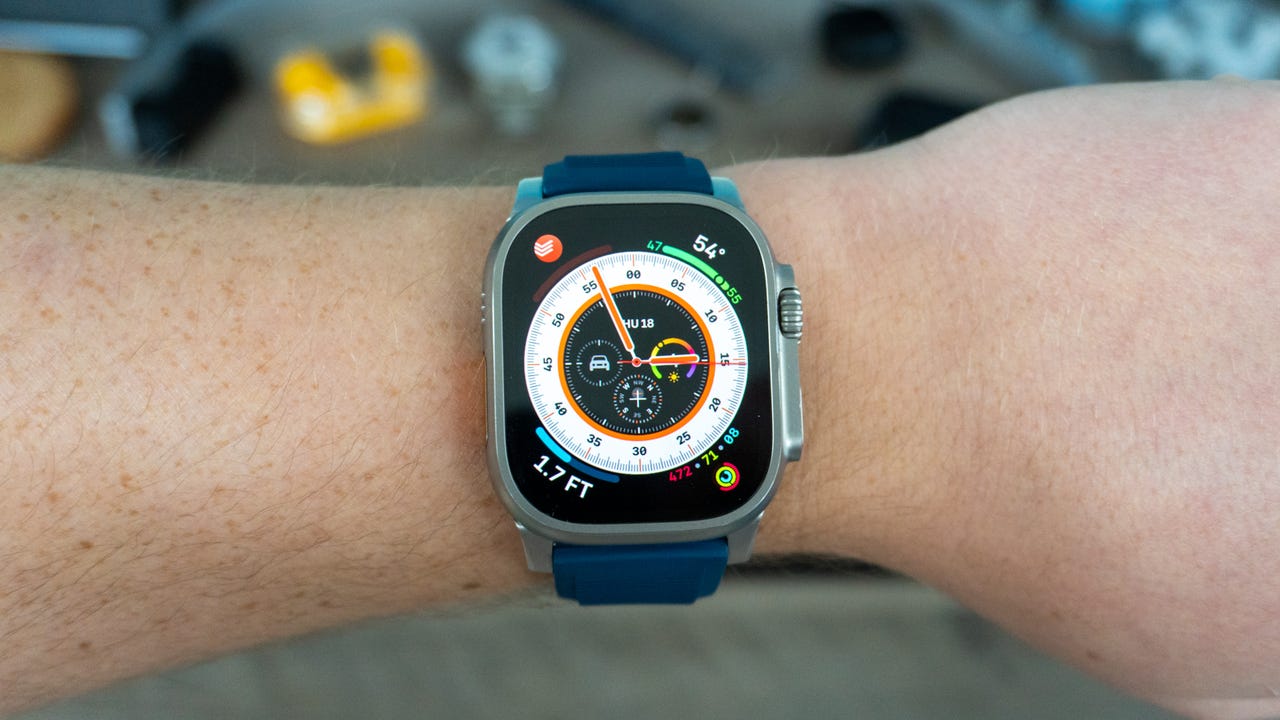 The Apple Watch Ultra 2 with an Atlantic Blue Nomad Rugged Band.