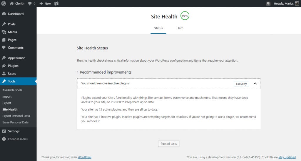 WordPress Site Health Status