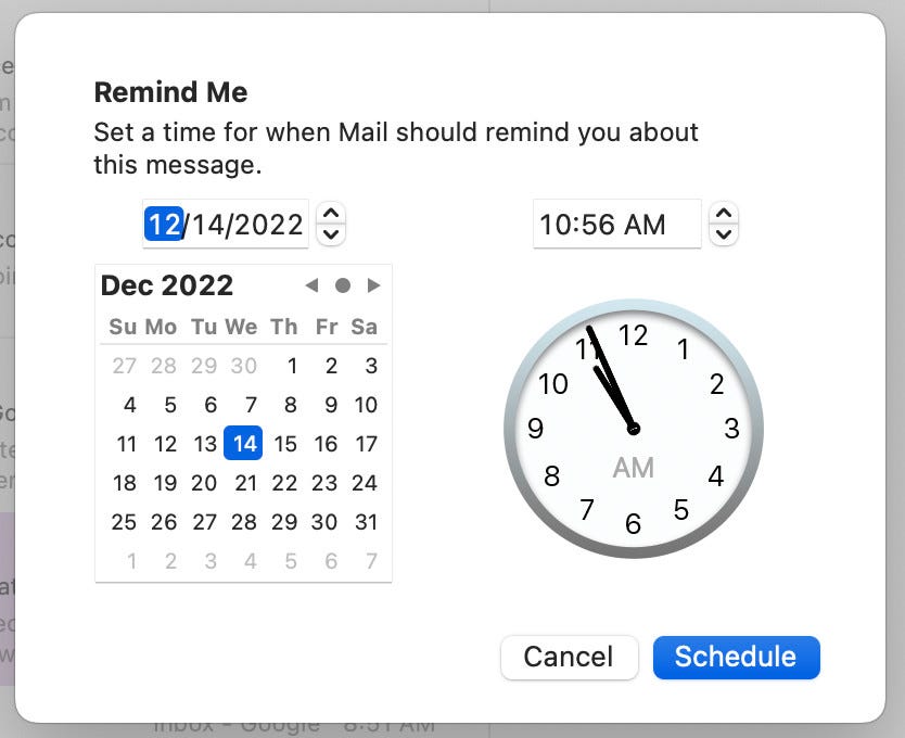 The Remind Me Custom Time selector.