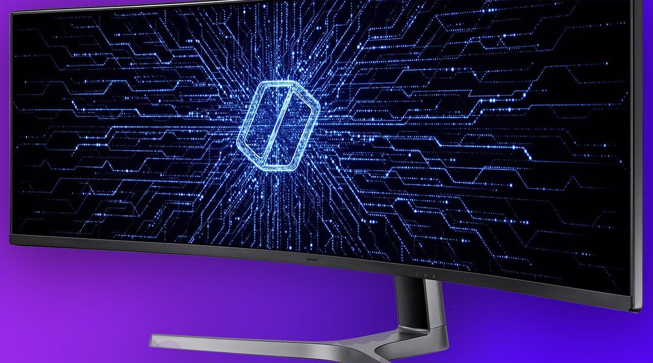 A Samsung Odyssey G9 49-inch monitor on a blue and purple background