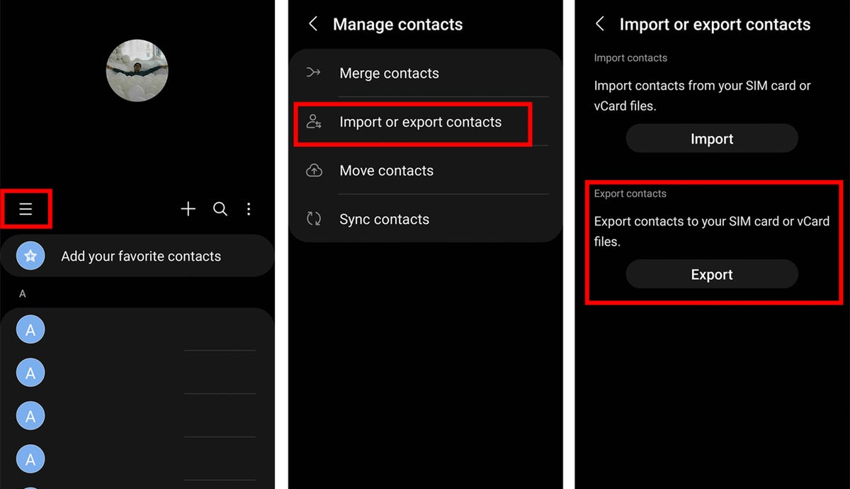 Screenshots from an Android demonstrating exporting contacts.