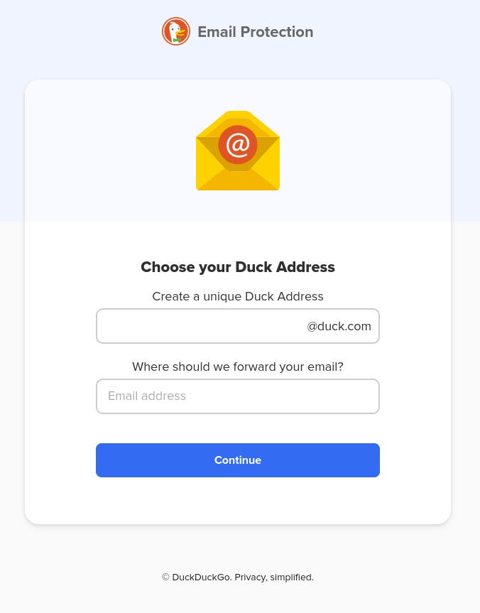 The DuckDuckGo email address signup window.