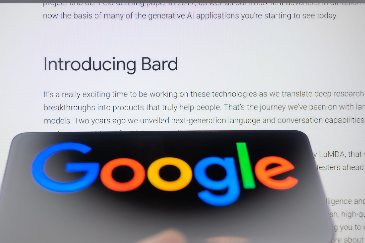 Google Bard seen on Google blog post with Google logo on mobile