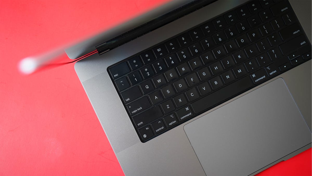 A close-up shot of the 16-inch MacBook Pro’s keyboard.