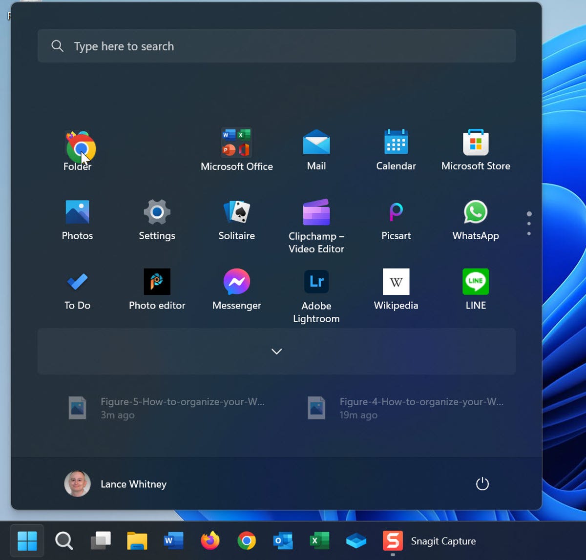 Moving all apps to the top row in Windows 11 Start menu.