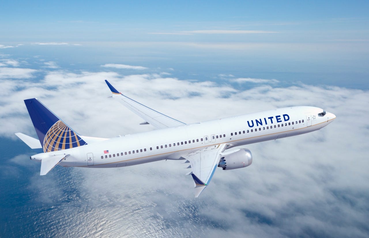 United Airlines plane in the sky