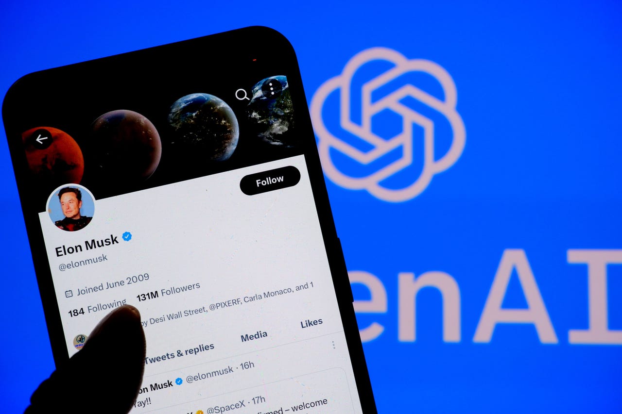 Phone with Elon Musk's twitter in front of an OpenAI background