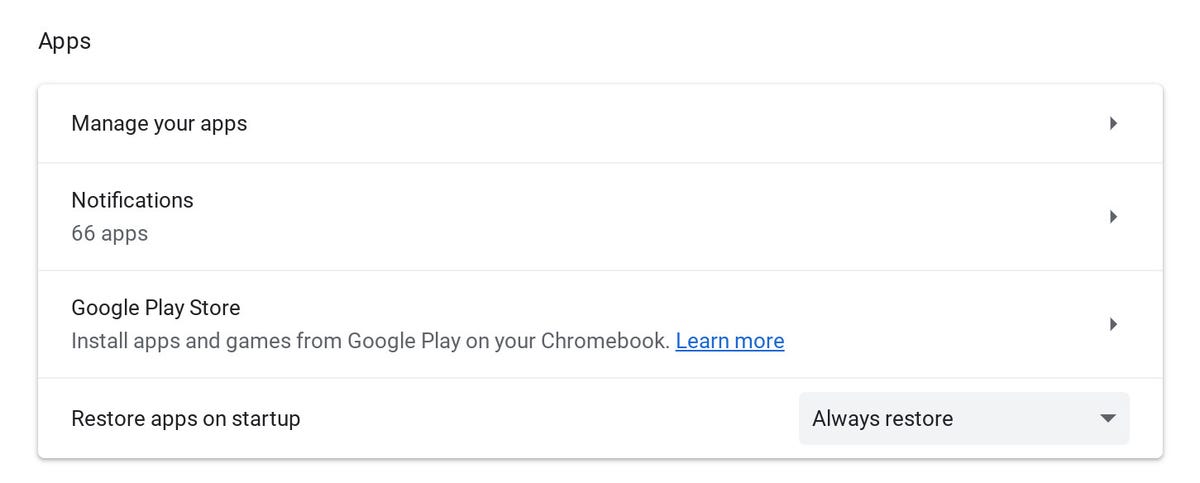 The Chrome OS Apps entry in Settings.