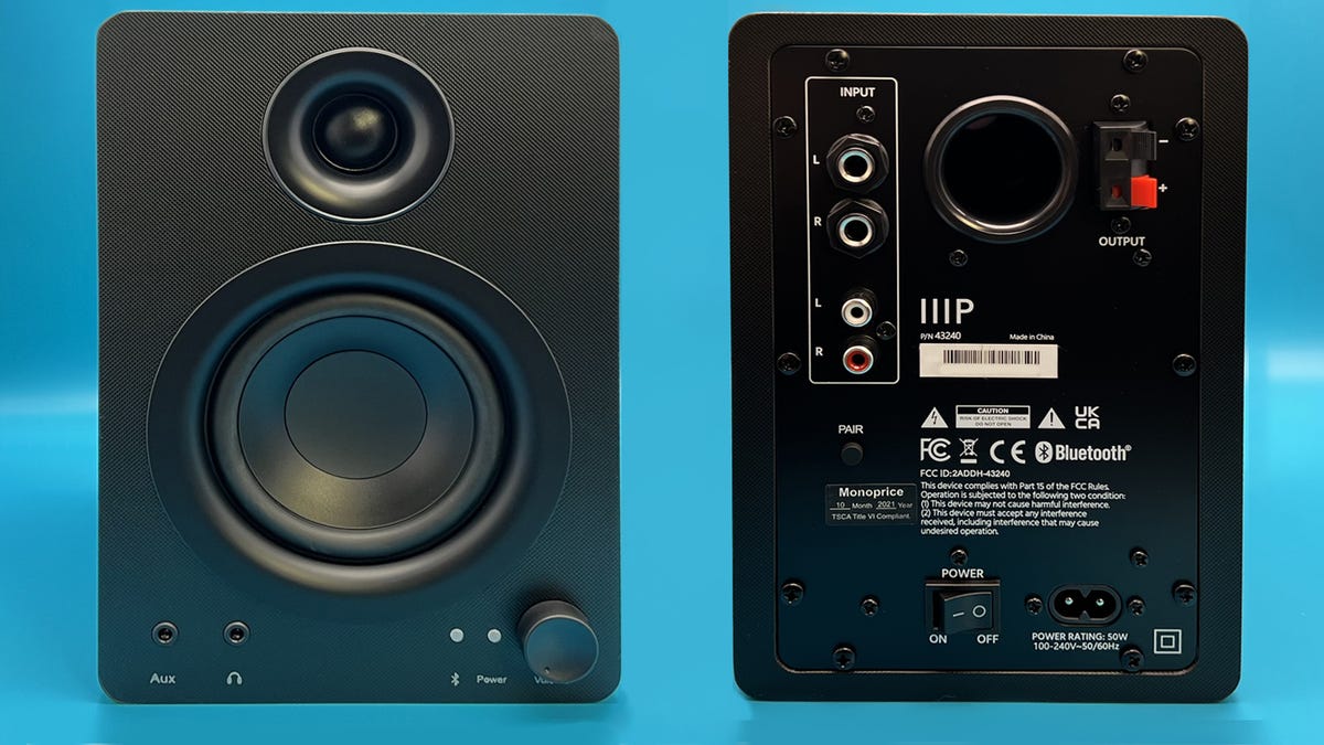 Monoprice DT-3BT speakers front and back views.