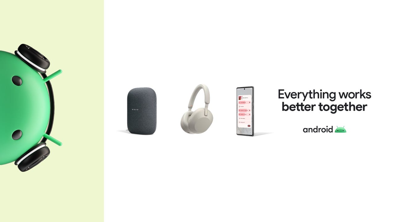Android icon, speaker, headphones, and smartphone lined up next to each other alongside the slogan, "Everything works better together."