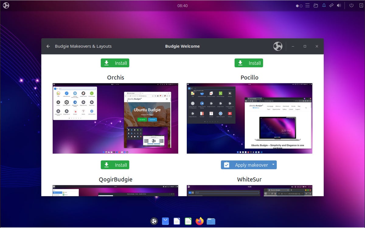 The Ubuntu Budgie Makeover & Theme window.