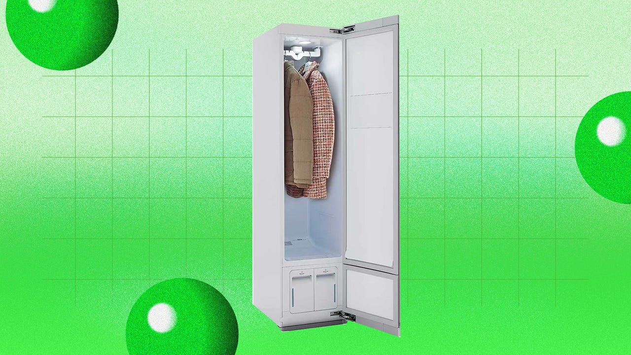 LG Styler Steam Closet on green and yellow background