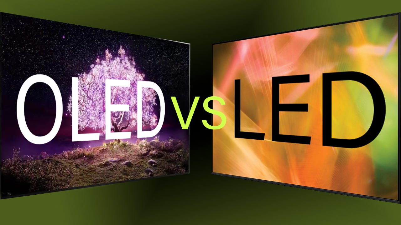 Graphic comparison between OLED and LED with two TVs of Samsung and LG