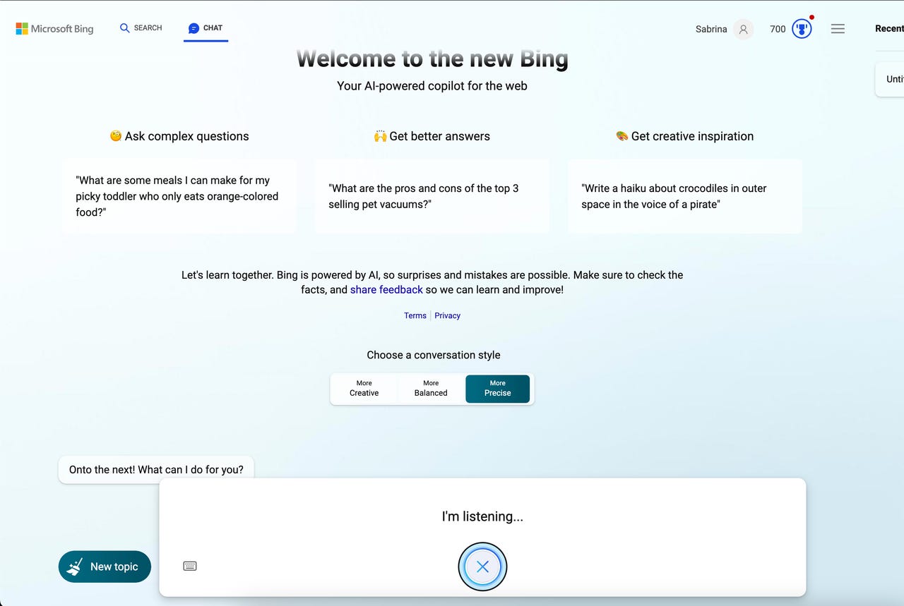 Voice feature on Bing Chat Screenshot