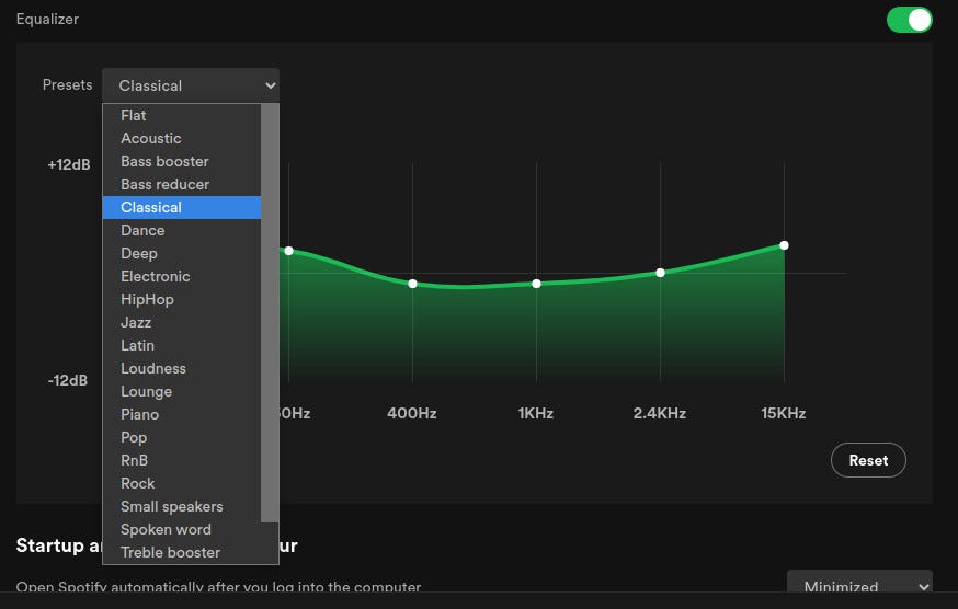 The Spotify Equalizer preset selector.