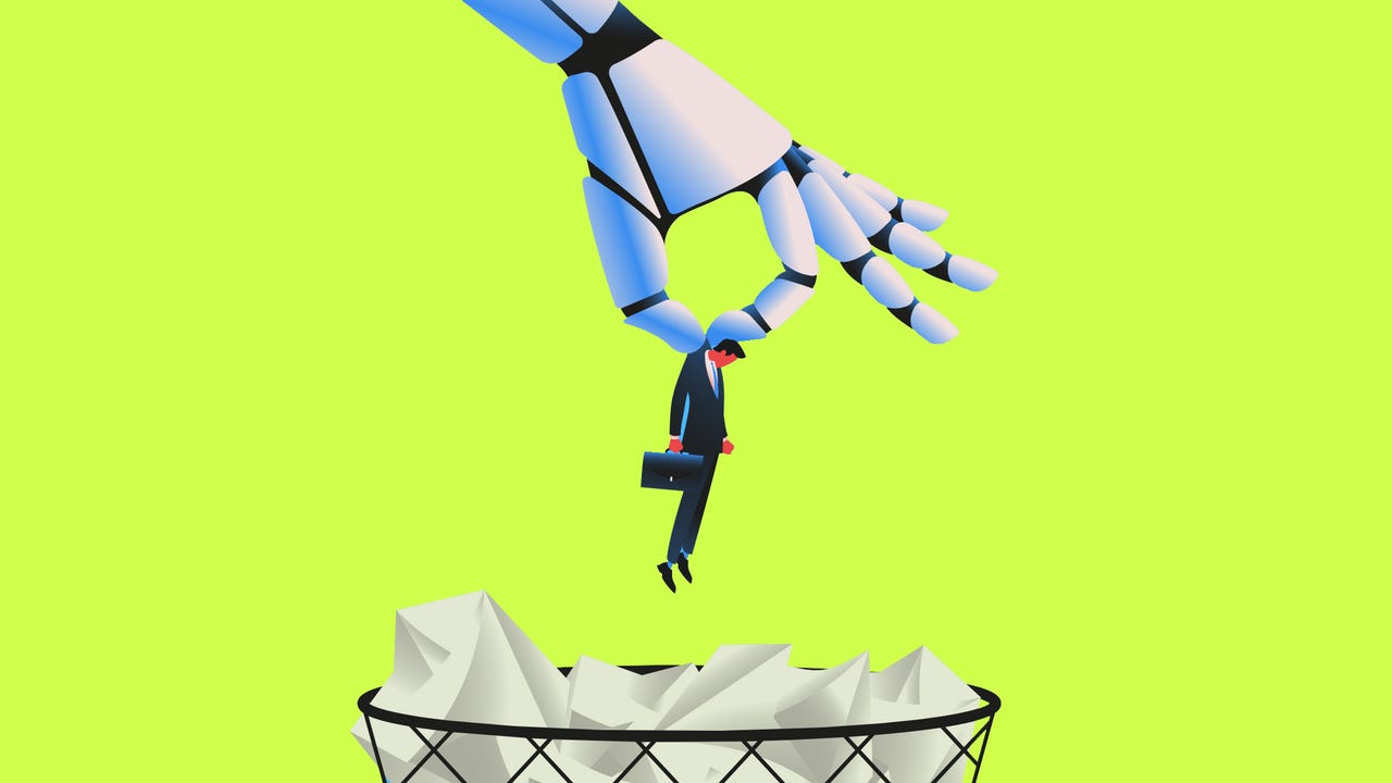 Giant robot throwing man in a trash can. Artifical intelligence replacing jobs concept. Vector illustration.