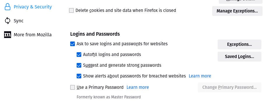 The Privacy & Security section of Firefox Settings.