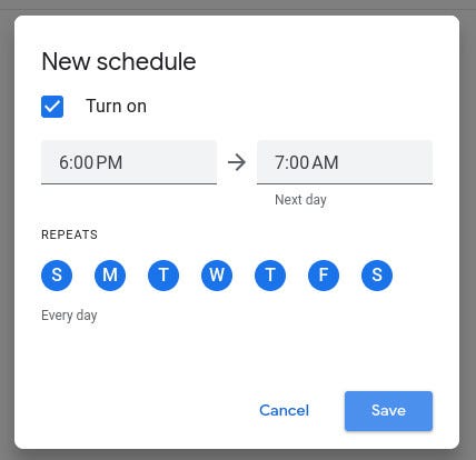 The Google Chat new schedule popup.