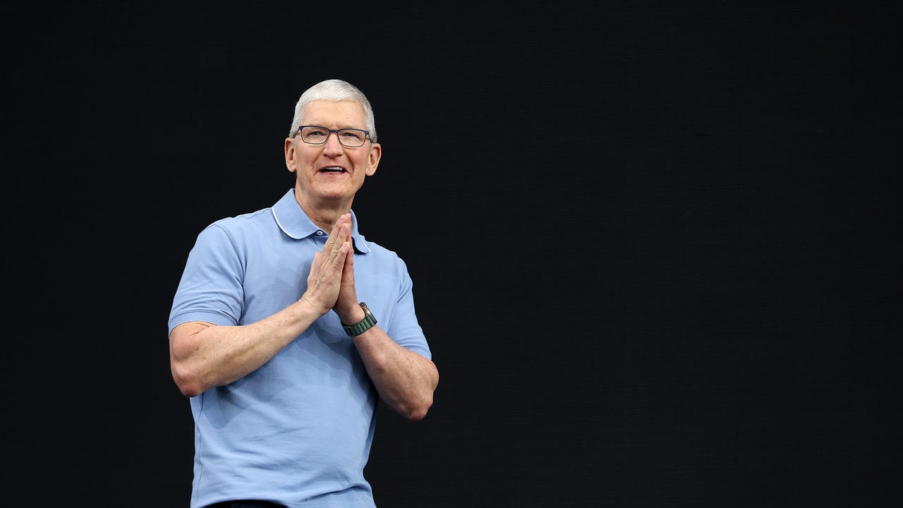 CUPERTINO, CALIFORNIA - JUNE 05: Apple CEO Tim Cook speaks before the start of the Apple Worldwide Developers Conference on June 05, 2023 in Cupertino, California. Apple CEO Tim Cook kicked off the annual WWDC22 developer conference with the announcement of the new Apple Vision Pro mixed reality headset. (Photo by Justin Sullivan/Getty Images)